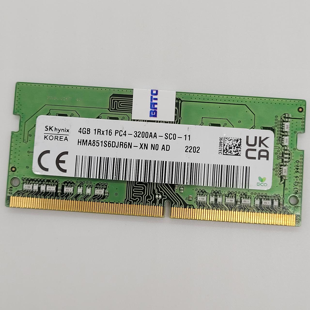 Оперативна пам'ять для ноутбука Hynix SODIMM DDR4 4Gb 3200MHz PC4-25600S 1R16 CL22 (HMA851S6DJR6N-XN N0 AD) Б/В