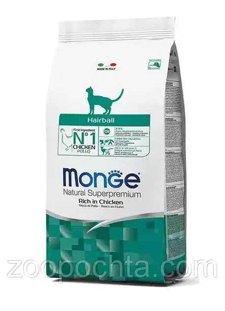 Сухий корм Monge Cat Hairball для домашніх котів від грудок шерсті в шлунку, курка 10КГ