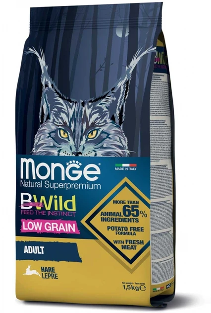 Monge Cat Bwild Low Graine Adult сухий корм для дорослої кішки м'ясо зайця 10КГ