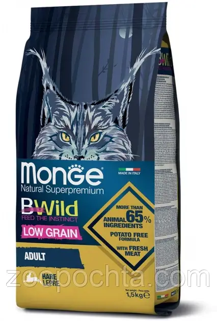 Сухий корм Monge Cat Bwild Low Graine Adult для дорослої кішки м'ясо зайця 10КГ