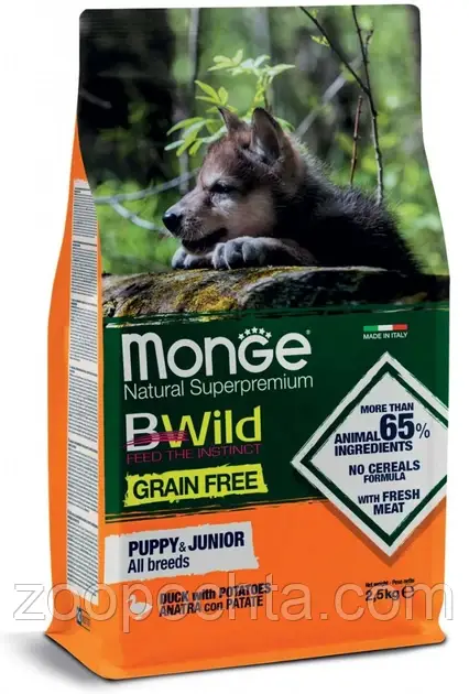 Сухий корм Monge Dog BWILD GR.FREE Puppy & Junior для цуценят усіх порід, з качкою 15КГ, фото 1
