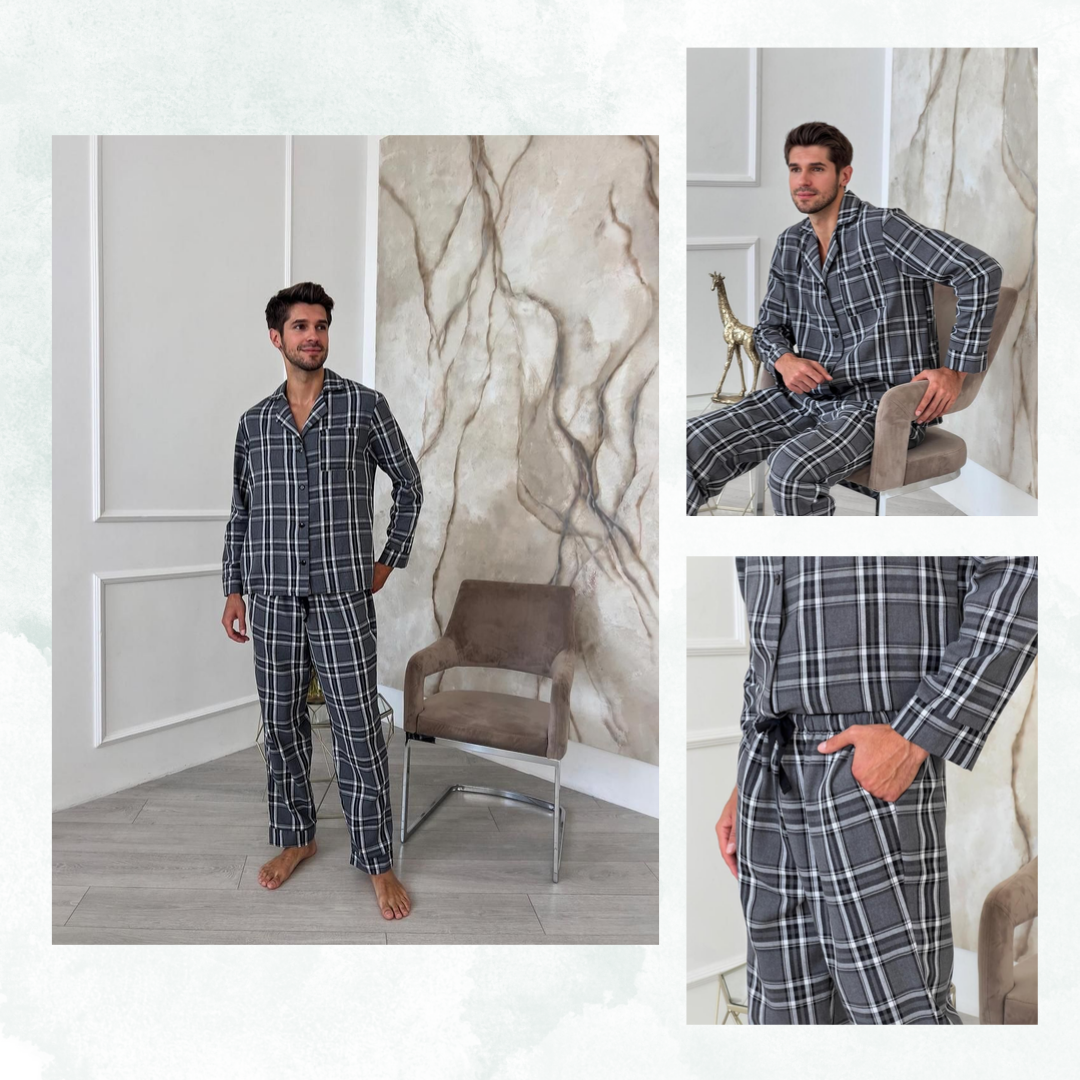 Домашня чоловіча фланелева піжама в клітинку розмір M, піжама чоловіча сорочка і штани якісна Чорний Сірий, фото 1