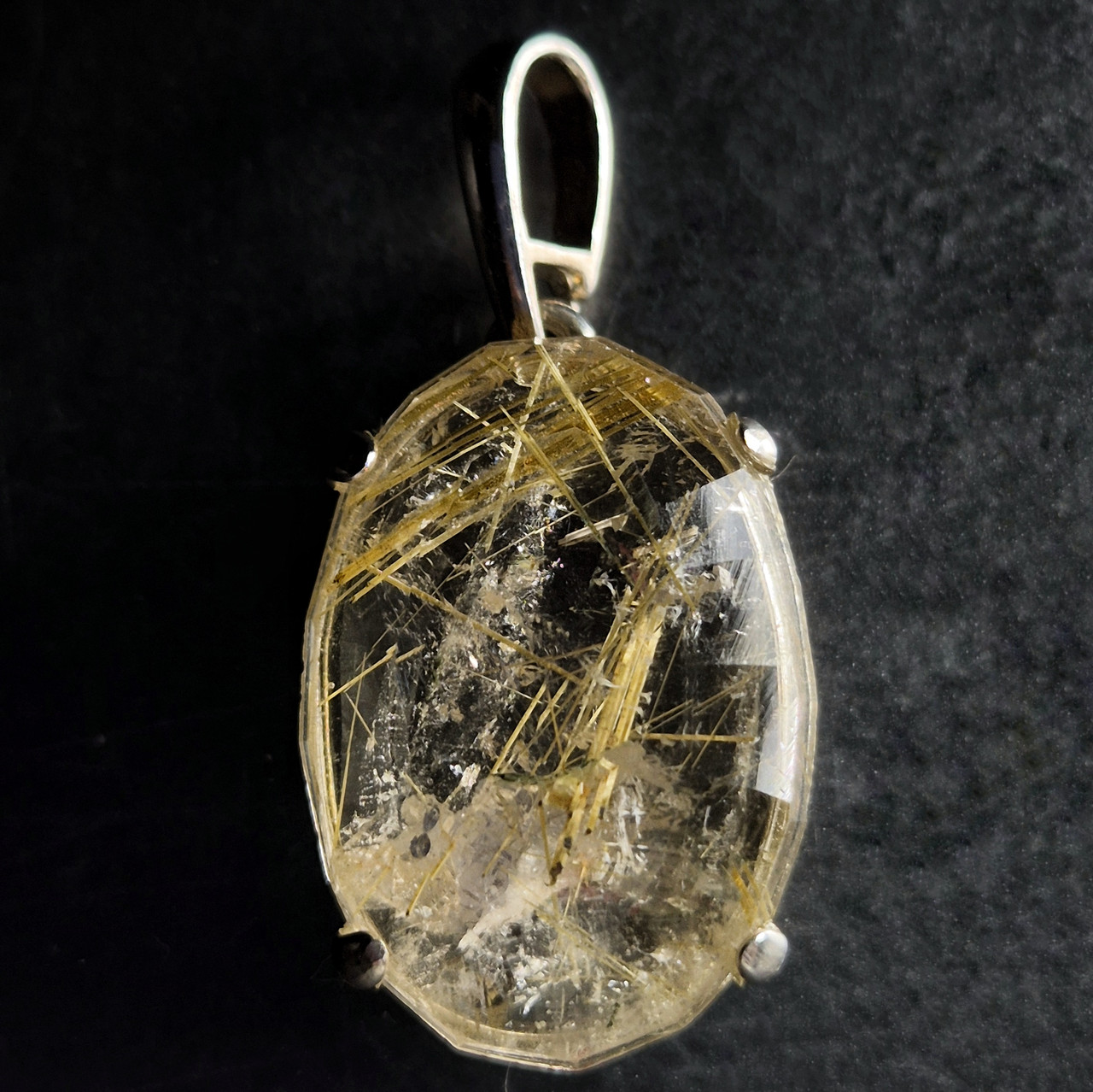 Кулон срібний з природним каменем рутиловим кварцем волосатиком для жінки, фото 1