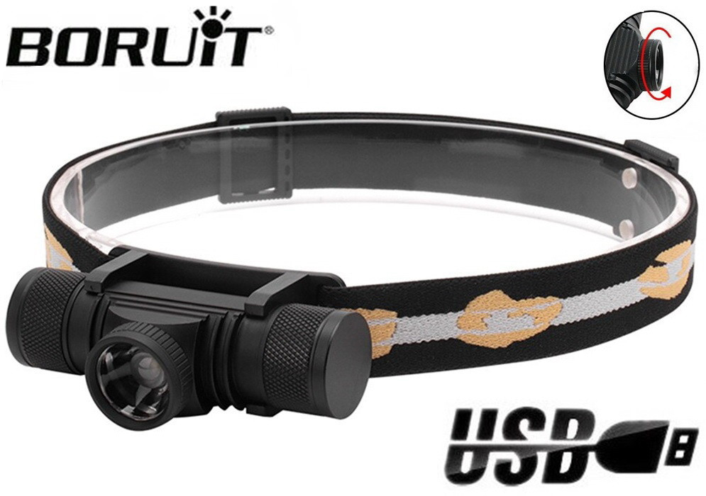 Налобний ліхтар BORUiT D20 із зумом (6000k, XPG led, USB Type-C, 18650, ЗУМ) Без батареї