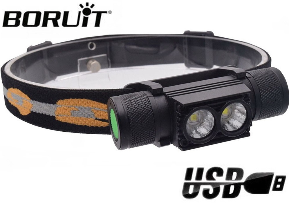 Налобний ліхтар BORUiT D25 з ХОЛОДНИМ СВІТЛОМ (6000k, XM-L2*2 led, USB-C, 18650) Без батареї