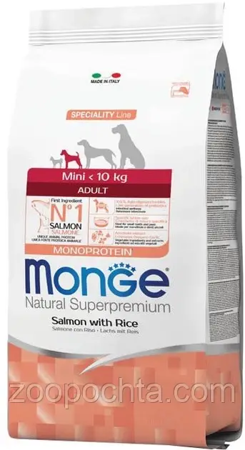 Сухий корм Monge Dog Mini Adult для дорослих собак дрібних порід, лосось/рис, 15КГ