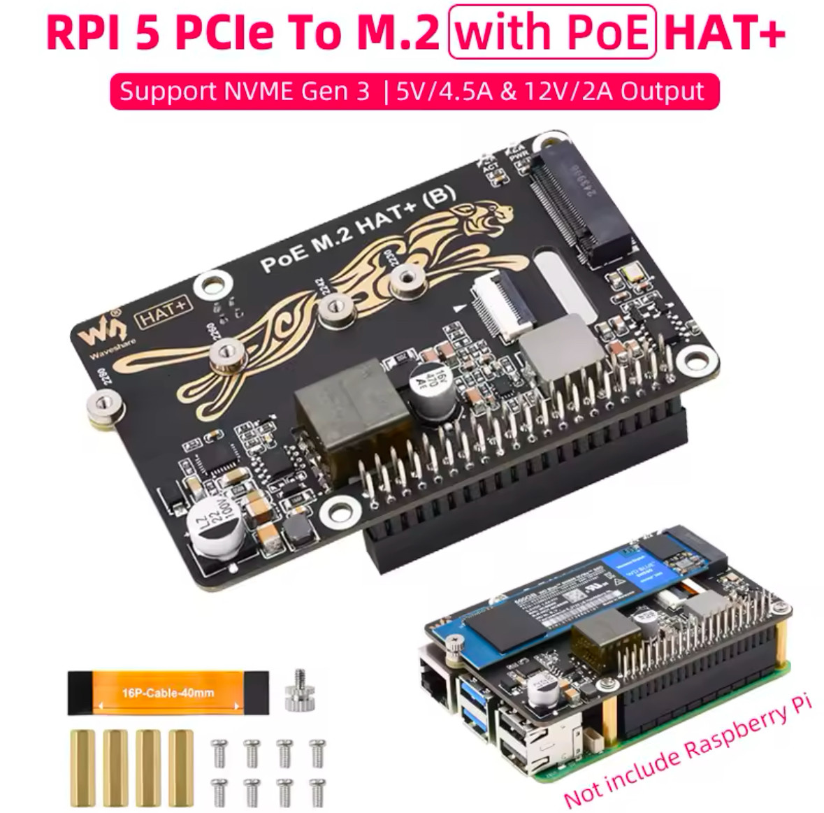 Raspberry Pi 5 Адаптер PCIe To M.2 з PoE HAT (B)