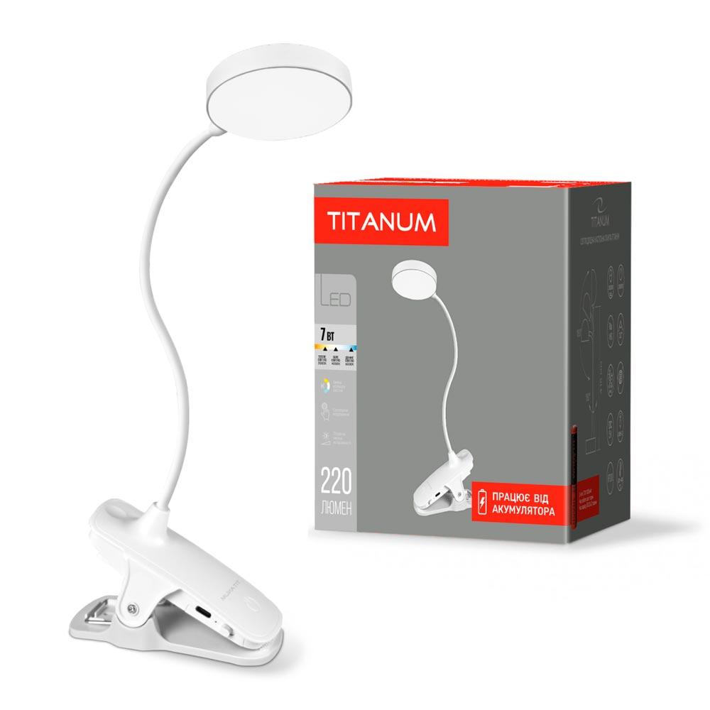 LED лампа з акум. на прищипці TLTF-013W, 7W, 3000-6000K, TITANUM, Арт.59875