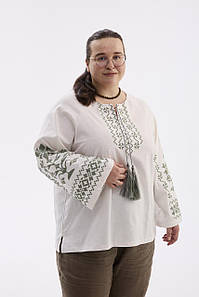 Жіноча вишиванка MEREZHKA "Берегиня" молочна з зеленим батал