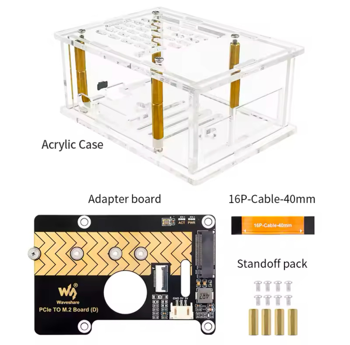 Raspberry Pi 5 плата розширення PCIe — M.2 (D) з акриловим корпусом