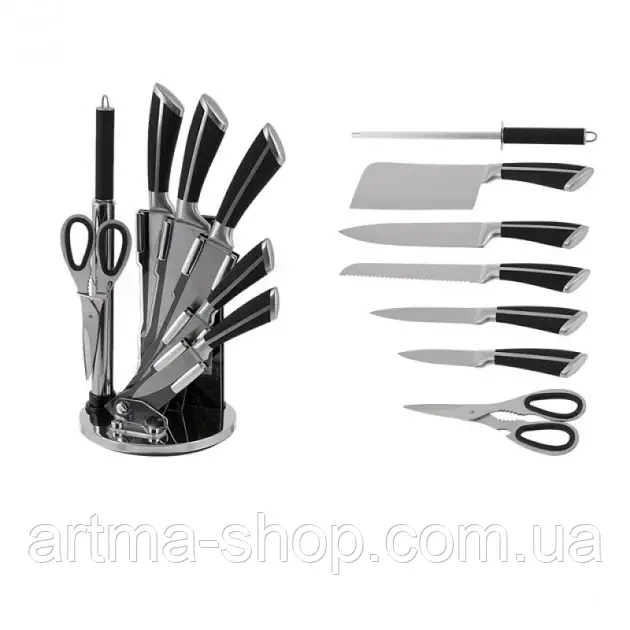 Набір Кухонних ножів UNIQUE, з ножицями, та підставкою, нержавіюча сталь, Чорні