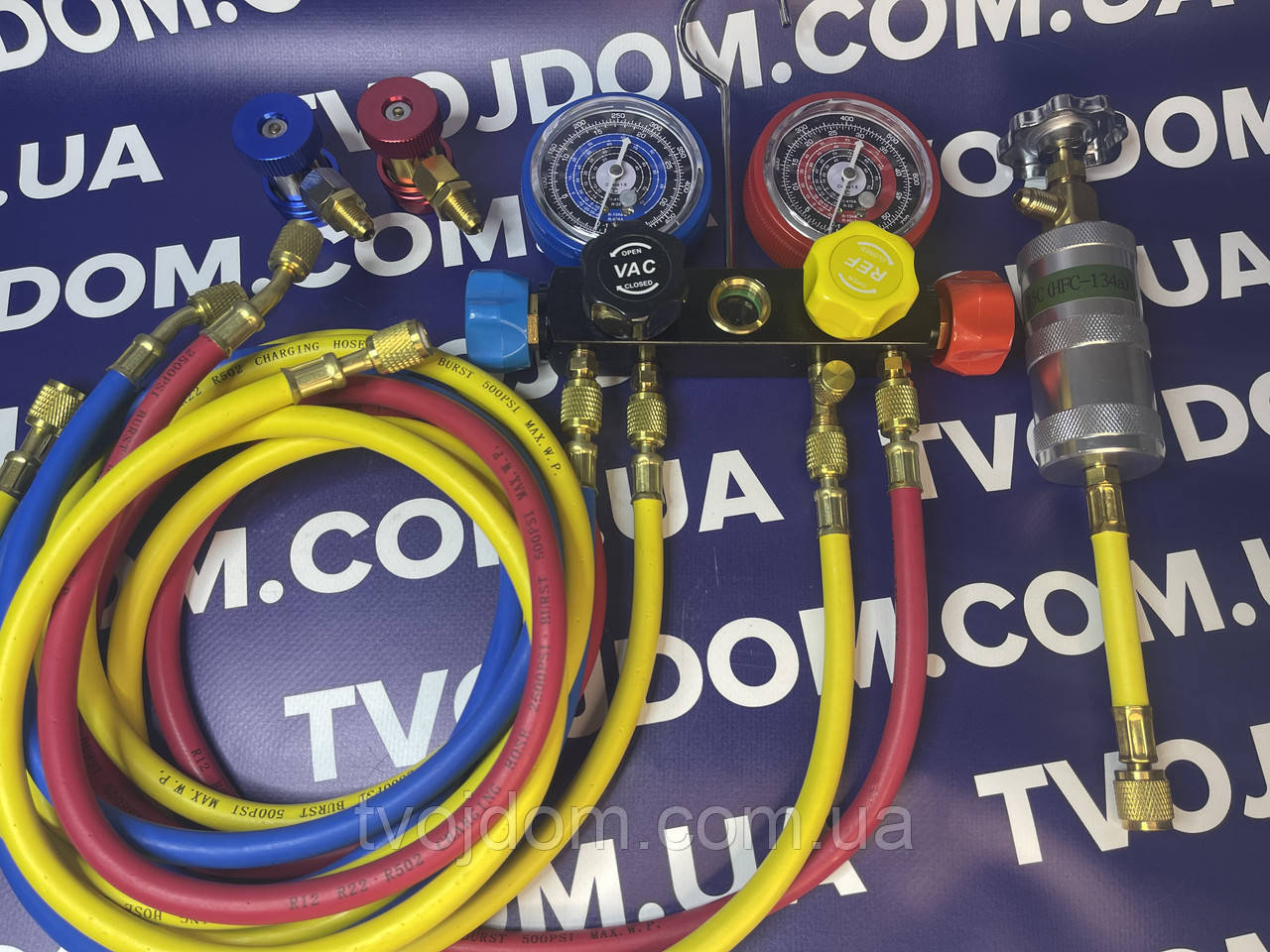 Комплект для заправки автокондиціонерів (манометричний колектор СТ-436, шланги 1.6м. 4шт., автомуфти 2шт.,інжектор), фото 1