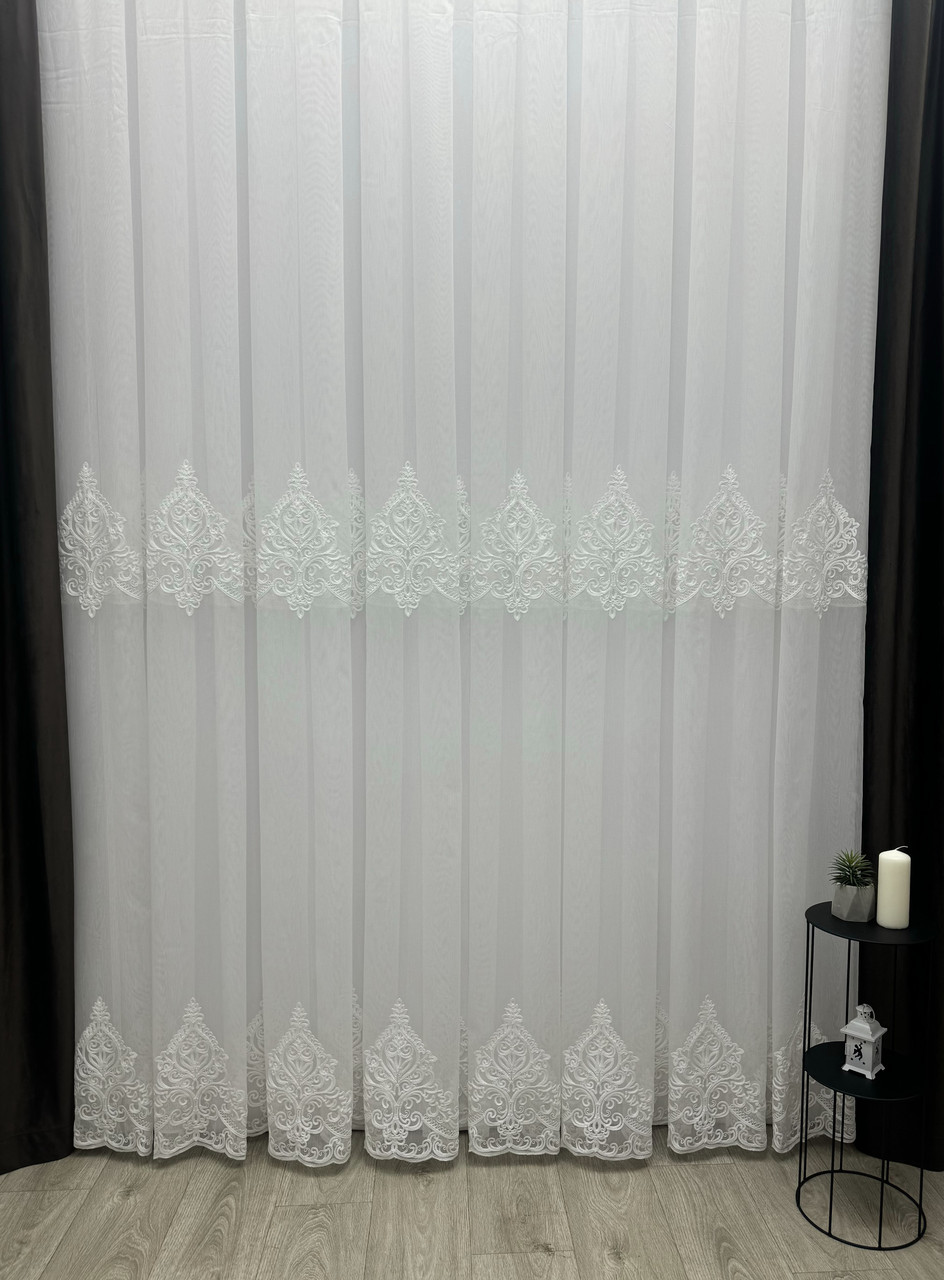 Тюль на основі бамбука з вишивкою. Колір: молочний, фото 1
