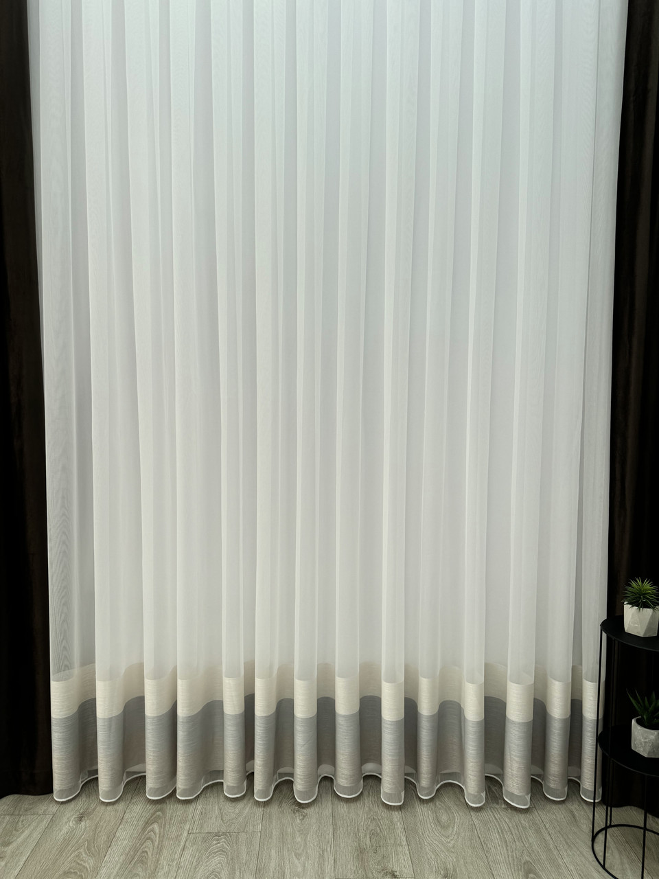 Тюль на бамбуковій основі зі смугою по низу. Колір: коричневий, фото 1