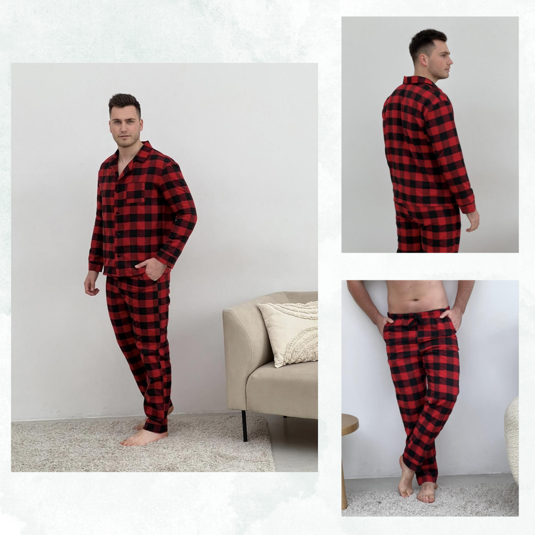 Домашня чоловіча фланелева піжама в клітинку розмір M, піжама чоловіча сорочка і штани стильна Червоний Чорний, фото 1