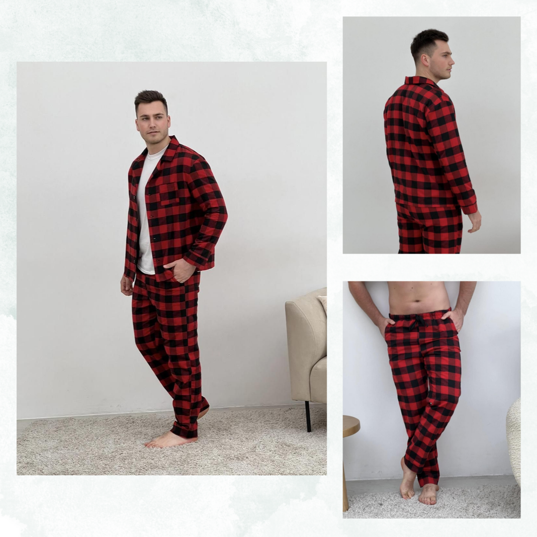 Домашня чоловіча фланелева піжама в клітинку розмір M, піжама чоловіча сорочка і штани з футболкою Червоно чорний, фото 1
