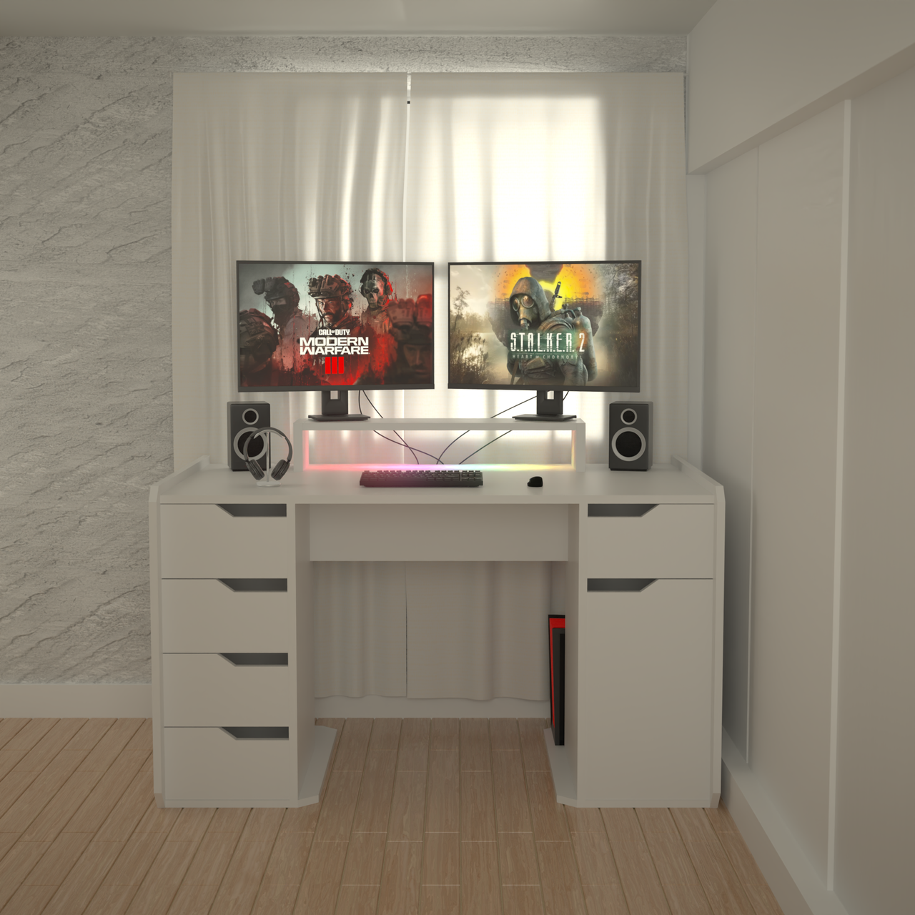 Стіл комп'ютерний з підсвіткою  Сталкер MAXI 2025 Білий 1600 мм, фото 1