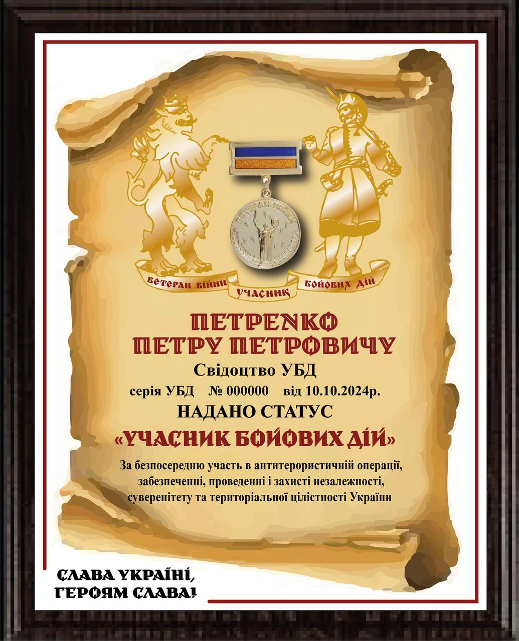 Ветеран війни — Учасник бойових дій плакетка диплом грамоту нагороджена іменна
