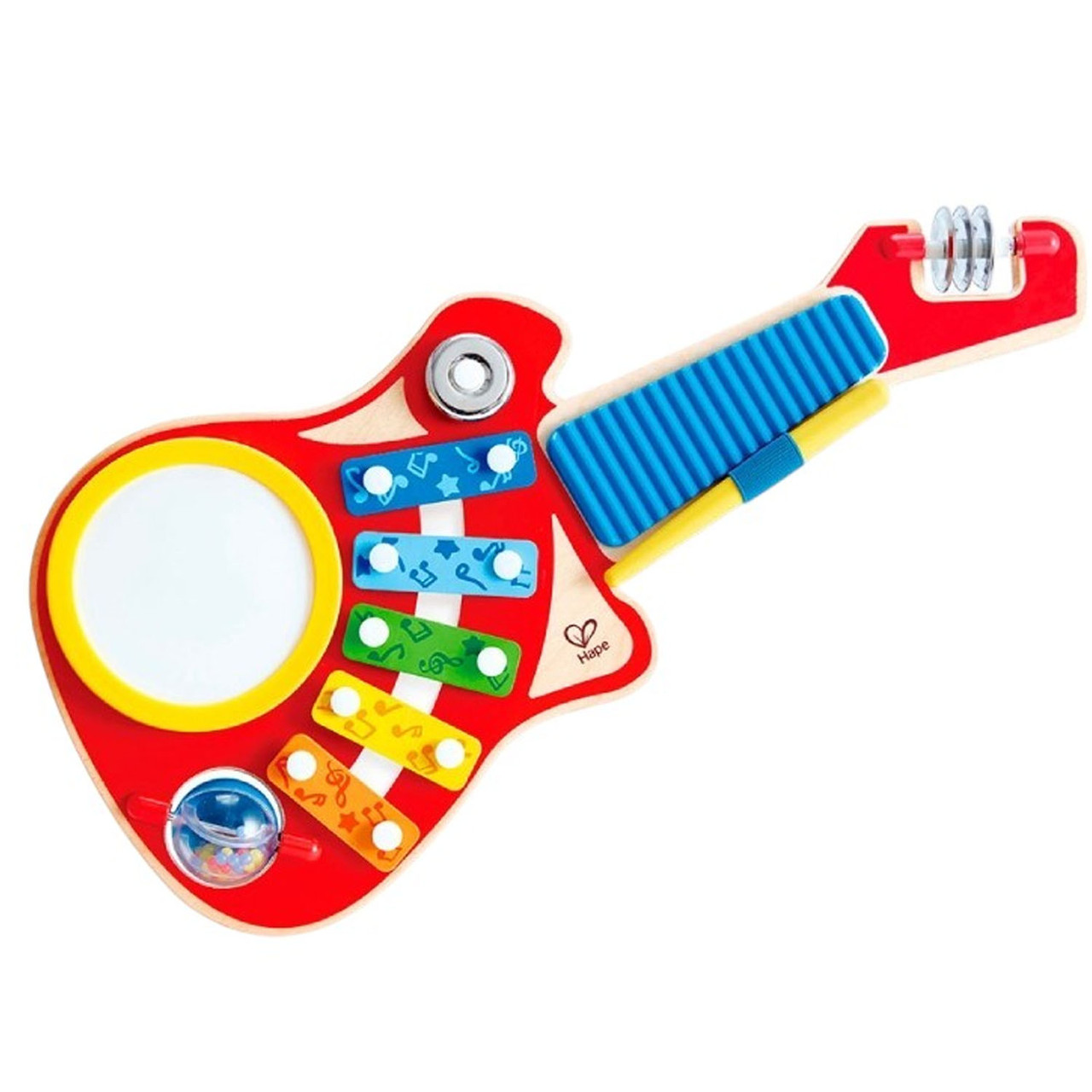 Гітара іграшкова 6в1 Мініоркестр Hape (барабан, ксилофон, брязкальце, дзвіночок, бубон, скретч-дошка) E0335, фото 1
