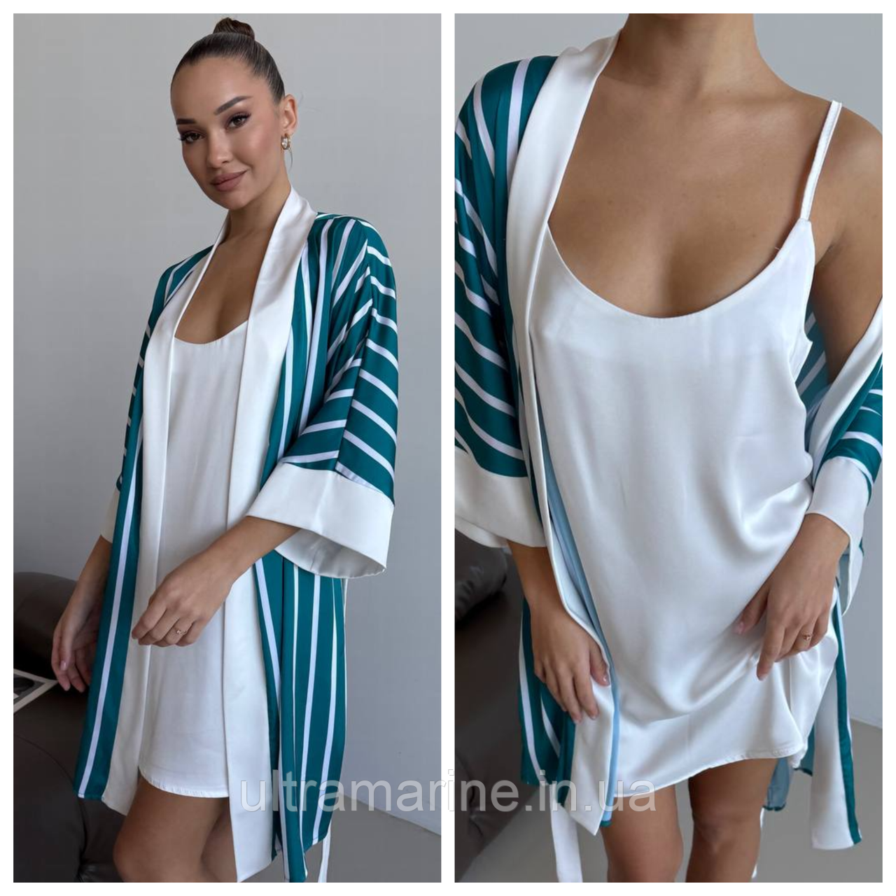 Жіночий шовковий комплект сорочка та халат Victoria's Secret зелена у смужку (Вікторія Сікрет), фото 1
