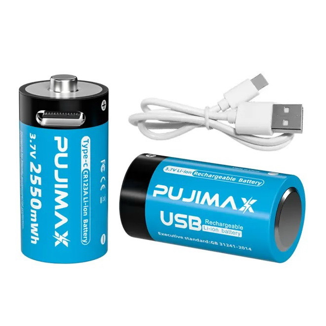 2 Акумулятори Pujimax CR123A (CR123, 16340) 3.7V 800 mAh з USB TYPE-C + кабель, Blue