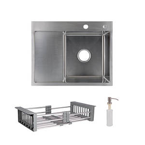 Комплект Lidz Handmade H6350L Мийка для кухні інтегрована крило зліва Brushed у комплекті з дозатором +