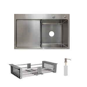 Комплект Lidz Handmade H7849L Мийка для кухні інтегрована крило зліва Brushed у комплекті з дозатором +