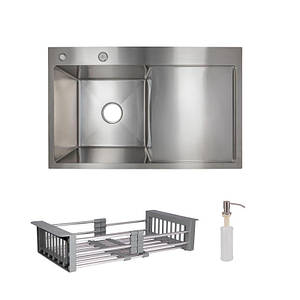 Комплект Lidz Handmade H7849R Мийка для кухні інтегрована крило праворуч Brushed у комплекті з дозатором +