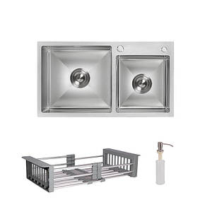 Комплект Lidz Handmade H7843 Мийка для кухні з двома чашами інтегрована Brushed у комплекті з дозатором +