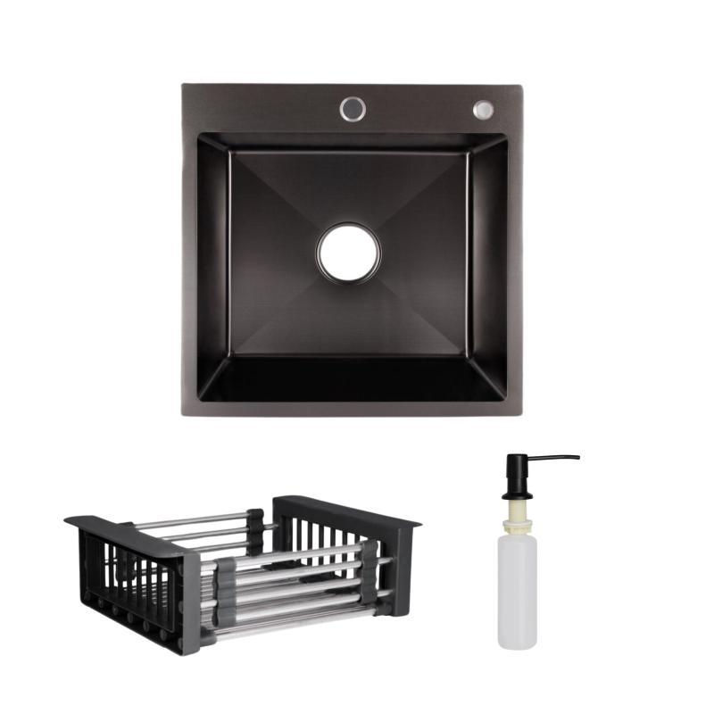 Комплект Lidz Handmade H5050B Мийка для кухні інтегрована BlackPVD у комплекті з дозатором + Lidz K01B Корзина для кухонної мийки, фото 1