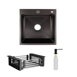 Комплект Lidz Handmade H5050B Мийка для кухні інтегрована BlackPVD у комплекті з дозатором + Lidz K01B