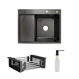 Комплект Lidz Handmade H6350BL Мийка для кухні інтегрована крило зліва BlackPVD у комплекті з дозатором +
