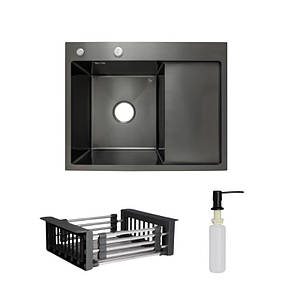 Комплект Lidz Handmade H6350BR Мийка для кухні інтегрована крило праворуч BlackPVD у комплекті з дозатором +