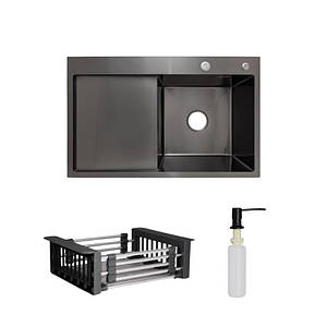 Комплект Lidz Handmade H7849BL Мийка для кухні інтегрована крило зліва BlackPVD у комплекті з дозатором +
