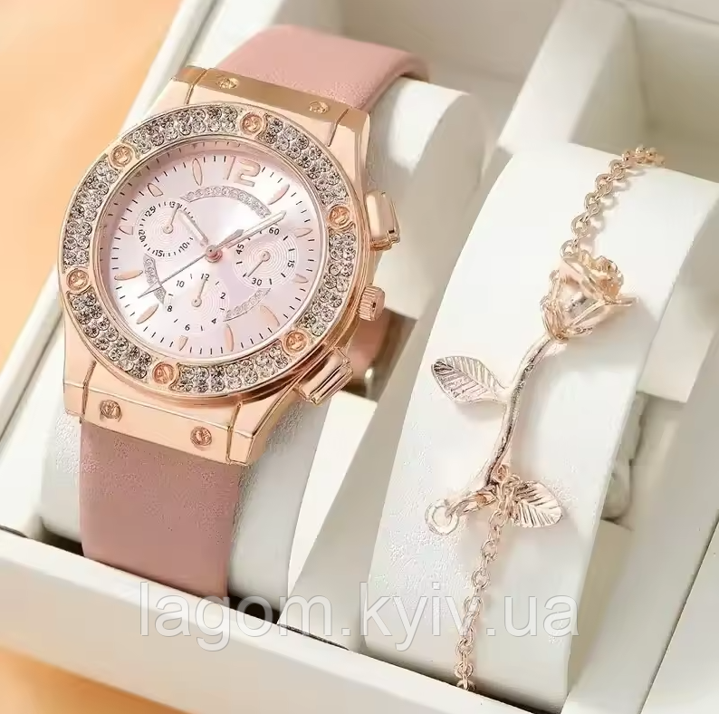 Жіночий наручний кварцовий рожевий годинник Relogio Feminino Rose + браслет (рожево-золотий годинник на руку)