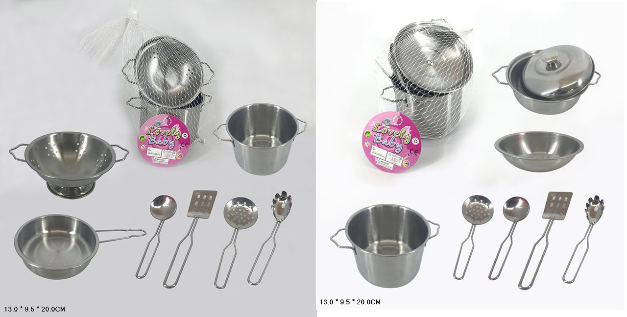 0702/0801 Ігровий набір Посуд металевий Каструля, миска, аксесуари, у пакеті 13*10*20 см