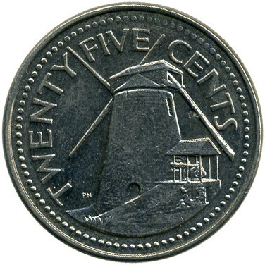 Барбадос 25 центів, 1973-2006 Королева Єлизавета II   №2993