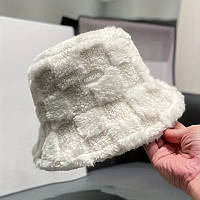 Панама жіноча зимова з хутра , капелюх на зиму теплий з надписом з підкладкою біла