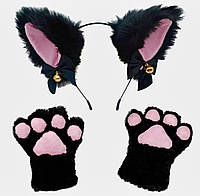 Набір 2 в 1 обруч вушка та рукавиці лапи хутряні Чорний, Унісекс WUKE One size