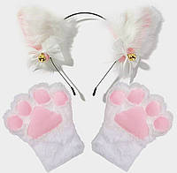 Набір 2 в 1 обруч вушка та рукавиці лапи хутряні Білий, Унісекс WUKE One size