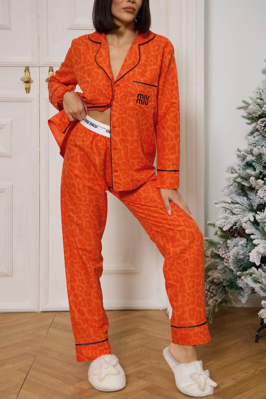 Жіноча піжама Miu Miu бежева помаранчева Комплект Сорочка + Штани для дому, фото 1