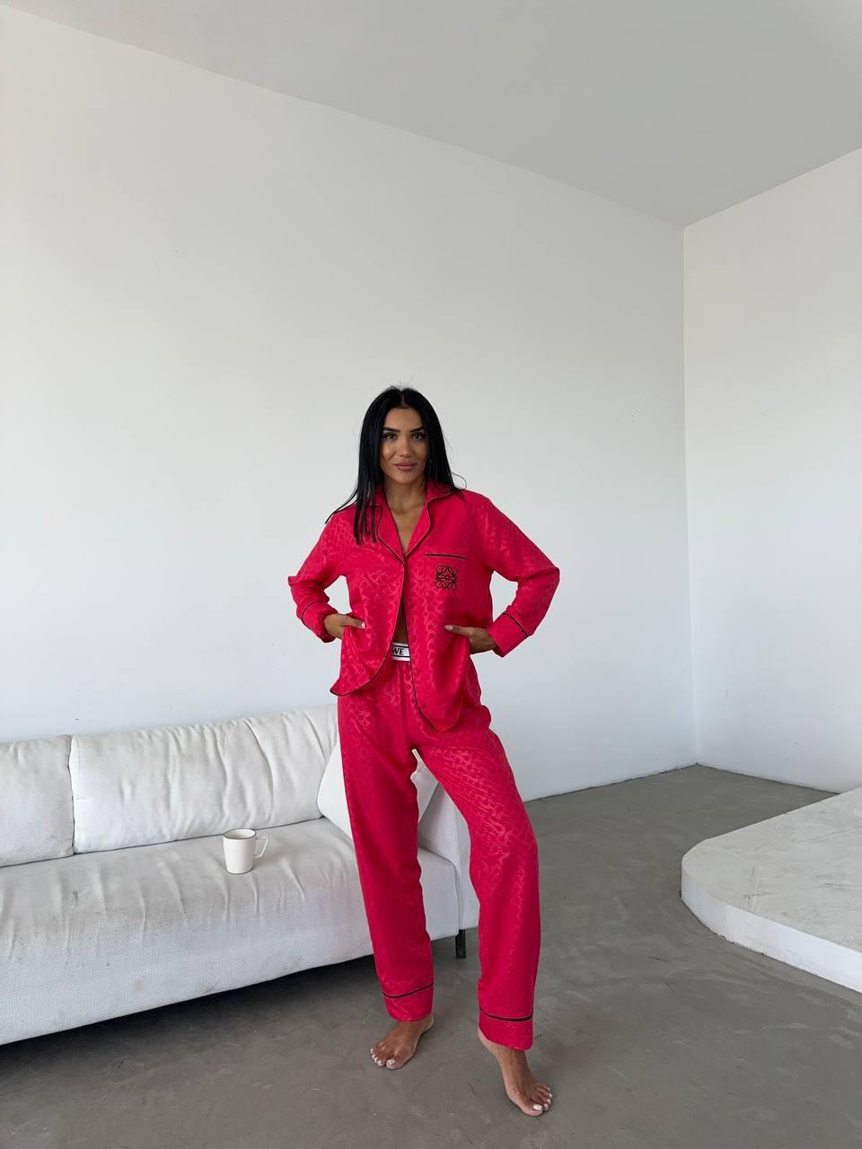 Жіноча піжама Loewe рожева сатинова Комплект Сорочка + Штани для дому, фото 1