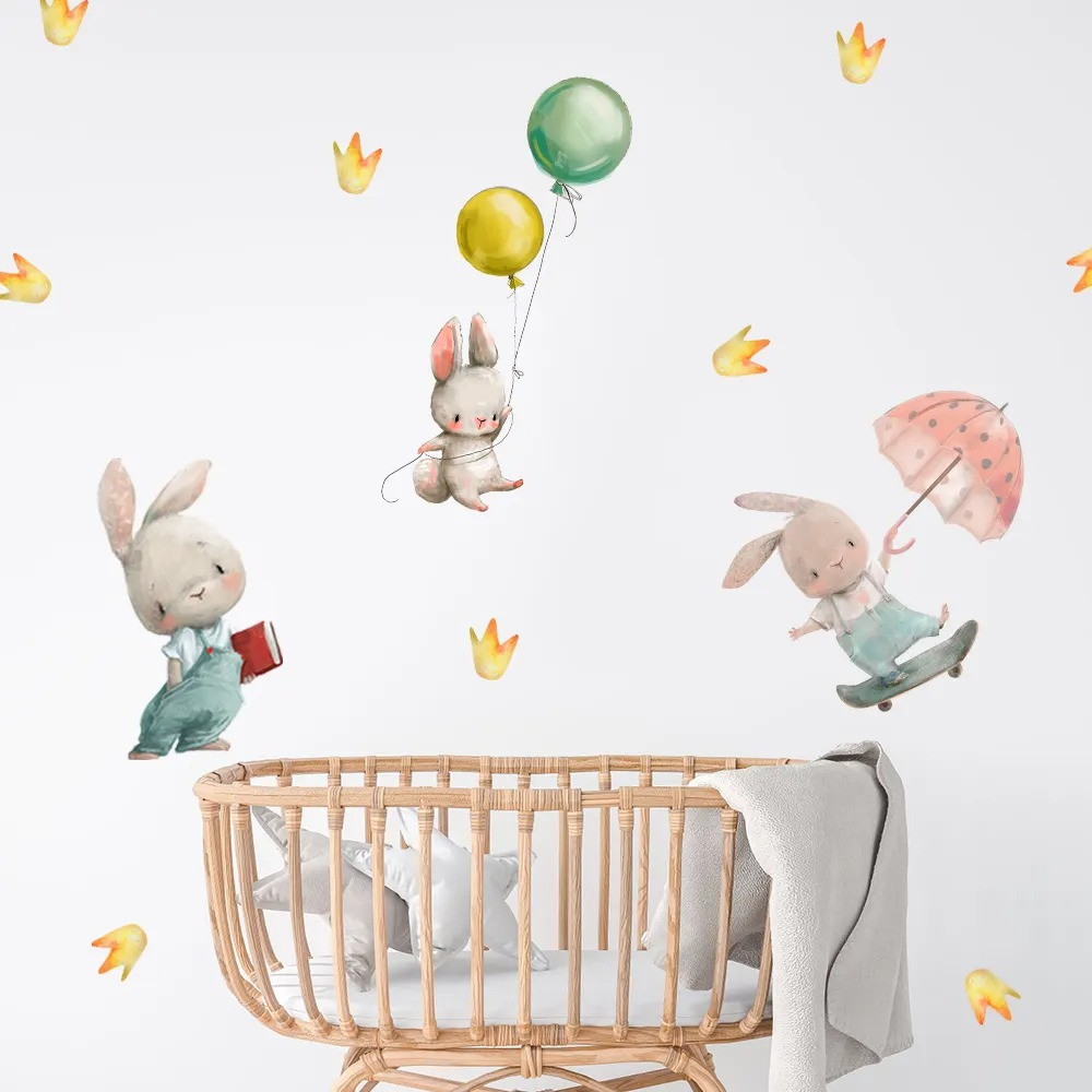 Вінілові наклейки "Малюки зайчата" декоративні інтер'єрні в дитячу кімнату на стіну 30х90 см, фото 1