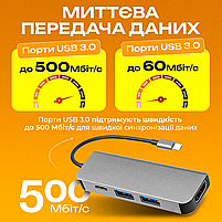 Адаптер 4в1, usb хаб для ноутбука: 4K HDMI 2x USB 3.0 5Gb/s PD (Hub-4/1), фото 5