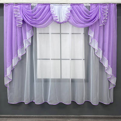 Кухонний (200х170см.) ламбрекен з тюлем. Колір бузковий з білим. Код 107к 52-1050