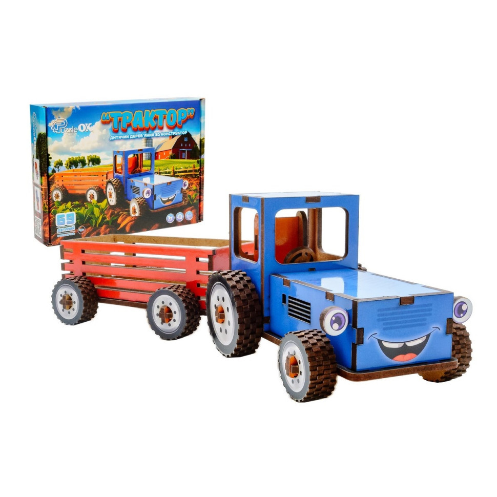 Дитячий дерев'яний 3D конструктор "Трактор" Puz-00933, 69 деталей, фото 1