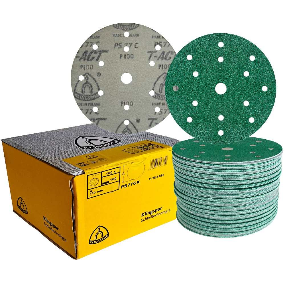 Абразивні диски P100 d150мм з покриттям на папері та липучкою Velcro Klingspor PS 77 CK 100шт.
