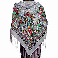 Хустка Букет народна з бахромою (120*120) пудра