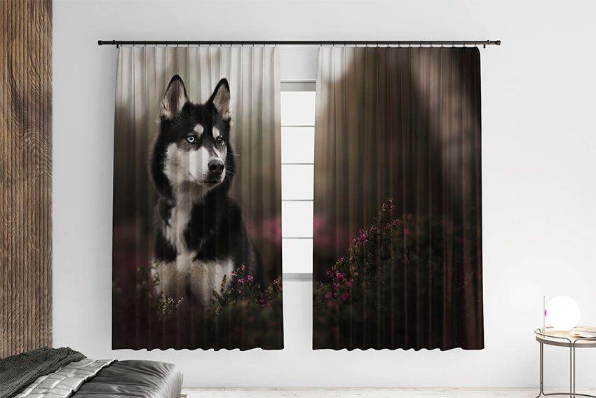 Штори з принтом «Хаскі у лісі»