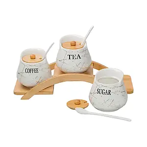 Набір із 3 керамічних банок по 500 мл для сипучих продуктів на бамбуковій підставці білий